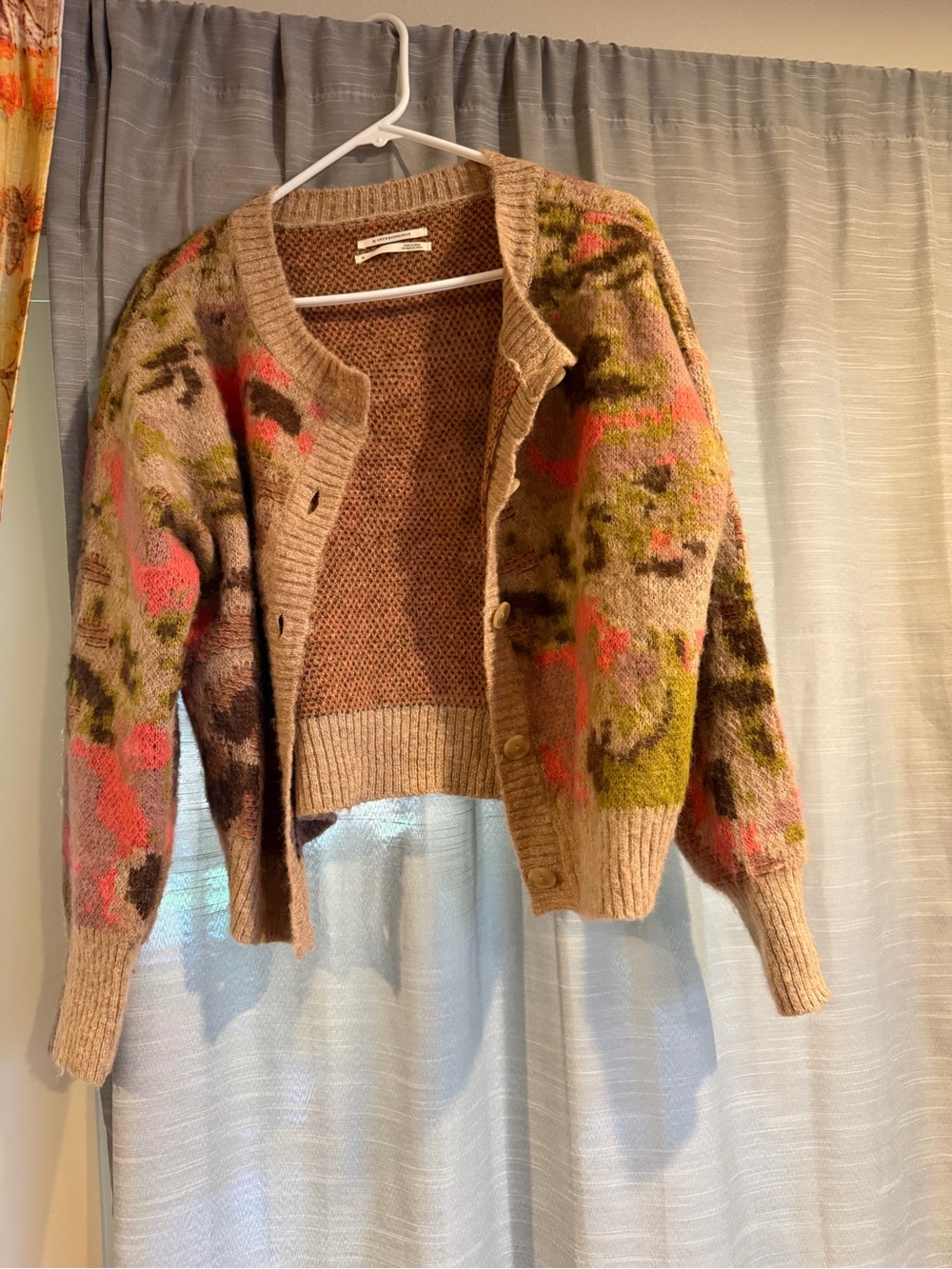 NWT Anthropologie Beige Cardigan with Pink and Olive Floral Accents